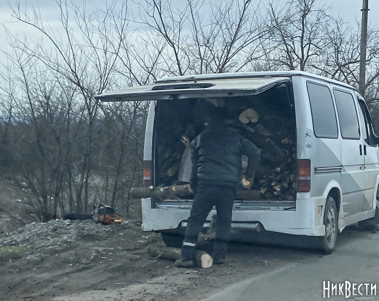 Возле Матвеевки посреди дня рубят посадку вдоль трассы