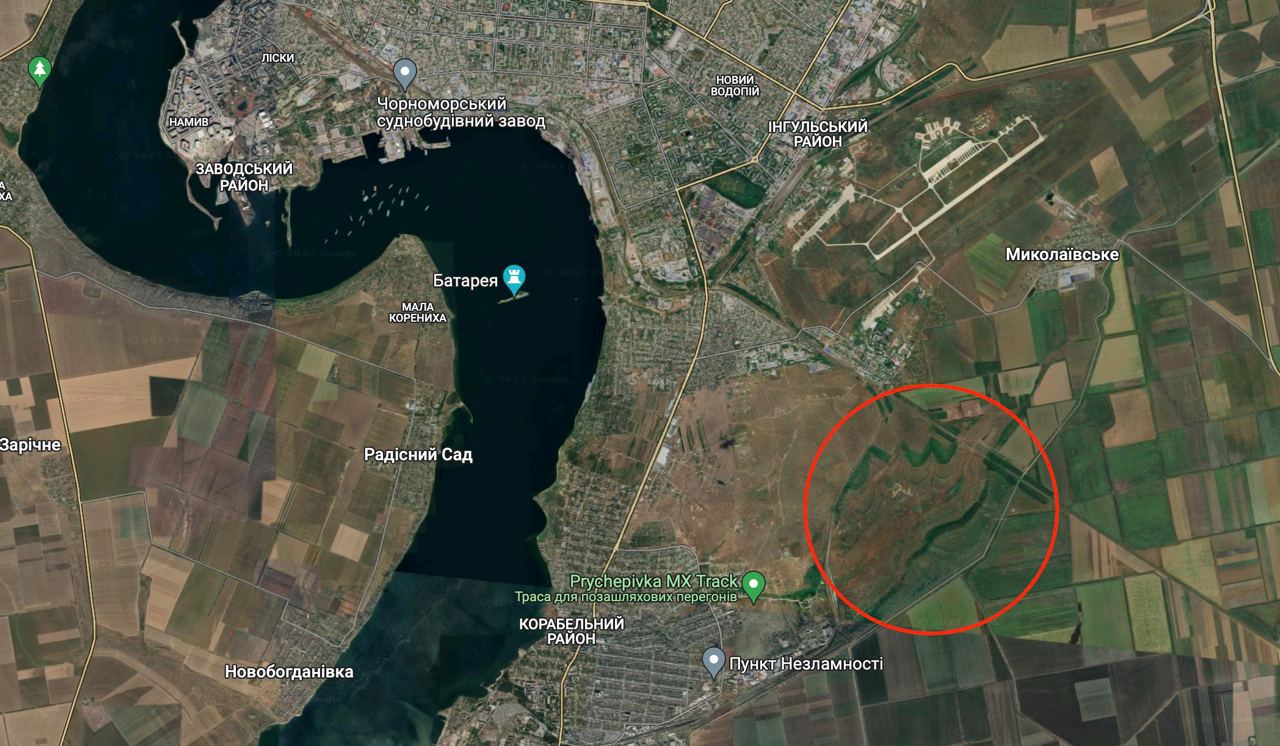 Карта Николаева, красным выделенное место, где располагалось водохранилище