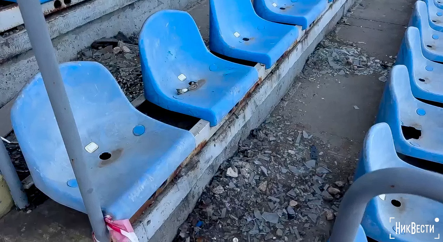 Two years after the arrival at the Mykolaiv Central Stadium, glass fragments have still not been removed from the stands. Photo provided by «NikVesti» reader