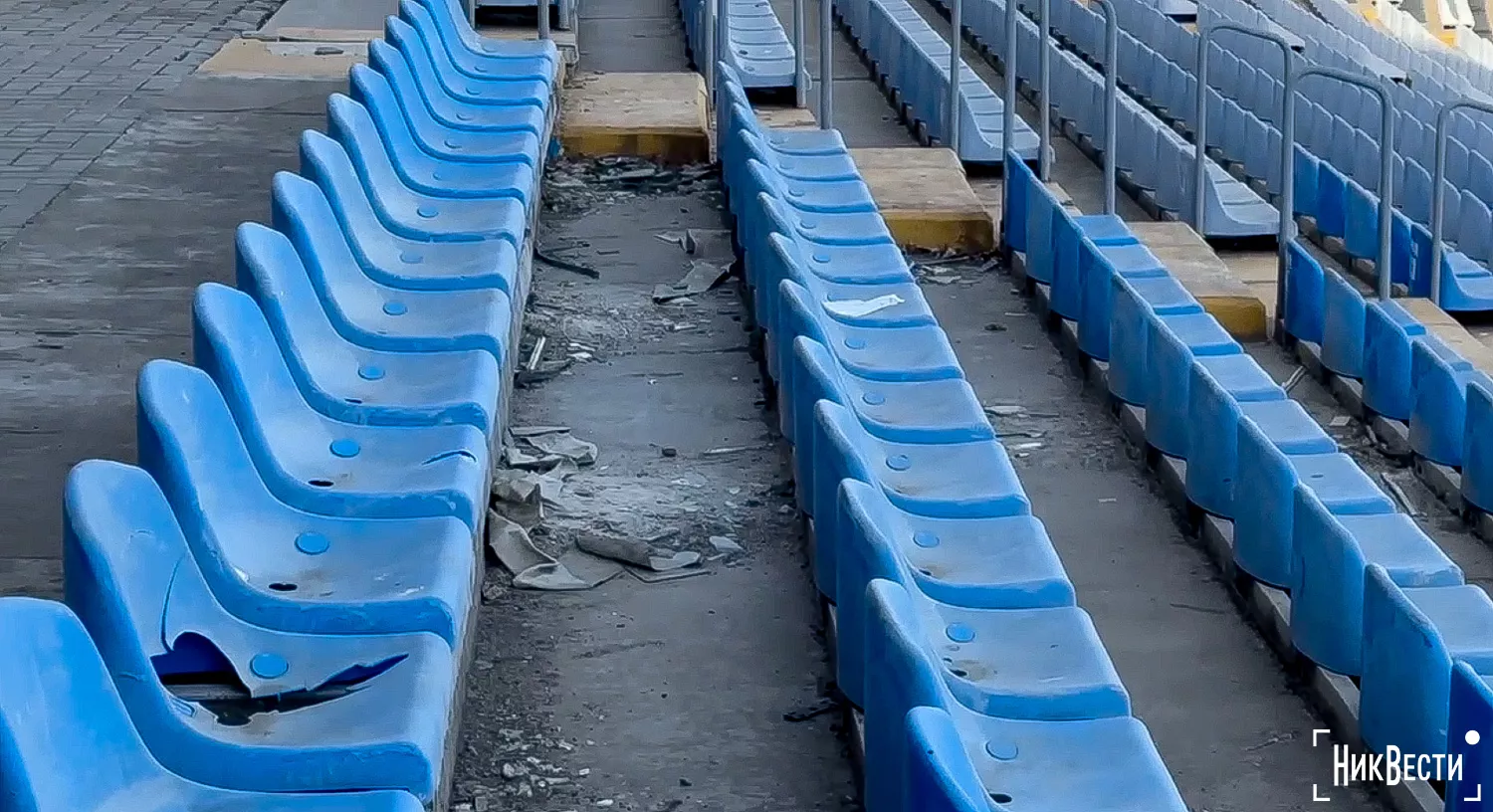 Two years after the arrival at the Mykolaiv Central Stadium, glass fragments have still not been removed from the stands. Photo provided by «NikVesti» reader