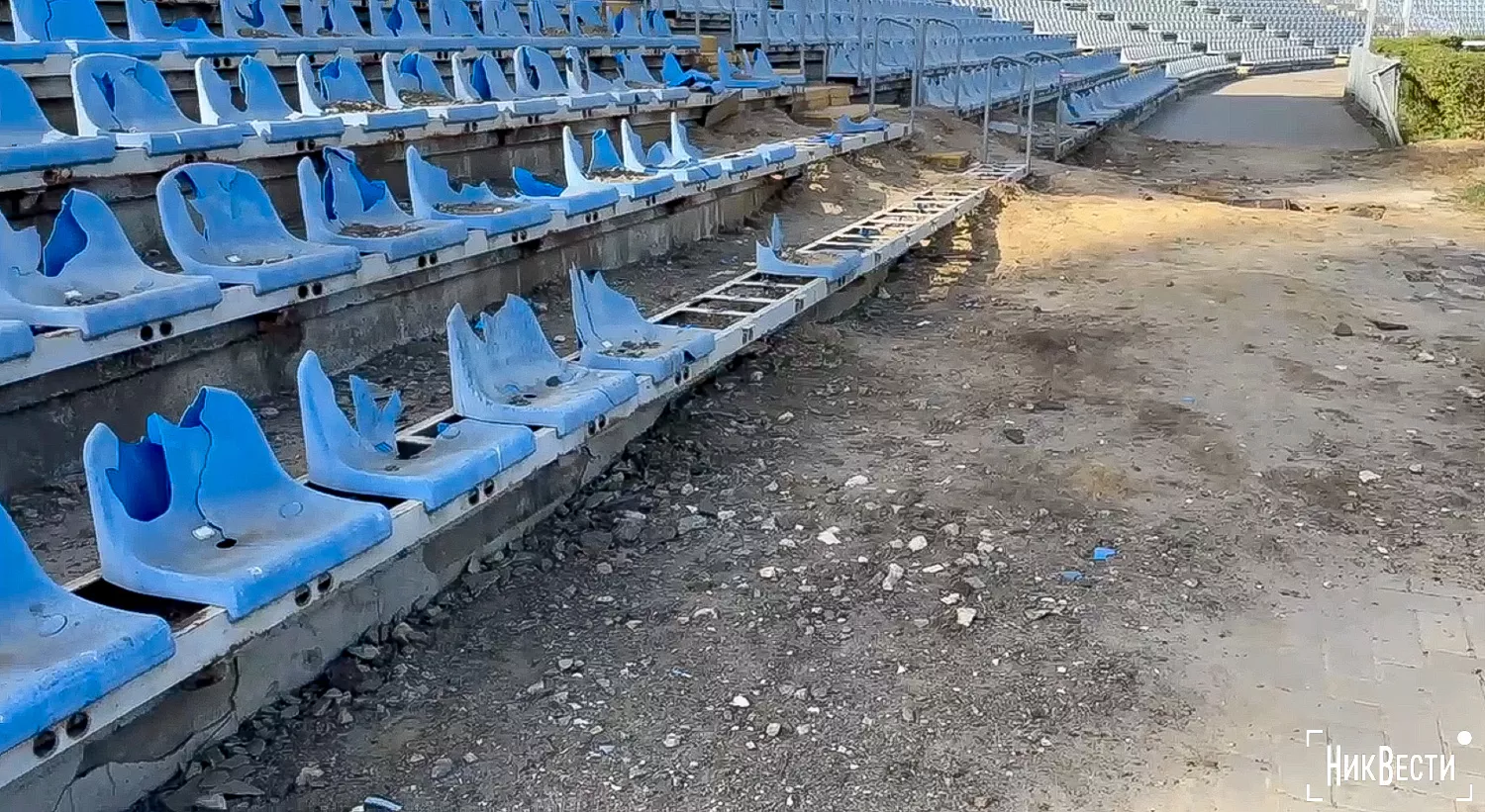 Two years after the arrival at the Mykolaiv Central Stadium, glass fragments have still not been removed from the stands. Photo provided by «NikVesti» reader