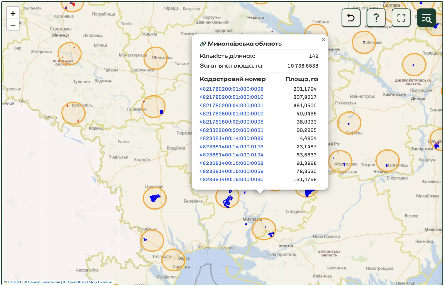 Дані інтерактивної мапи «Земельного банку» щодо кількості земельних ділянок у Миколаївській області. Скриншот «Земельного банку»