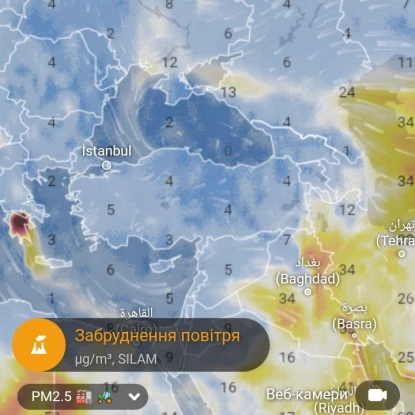 Карта компьютерной модели распространения пыли в атмосфере от Ventusky,