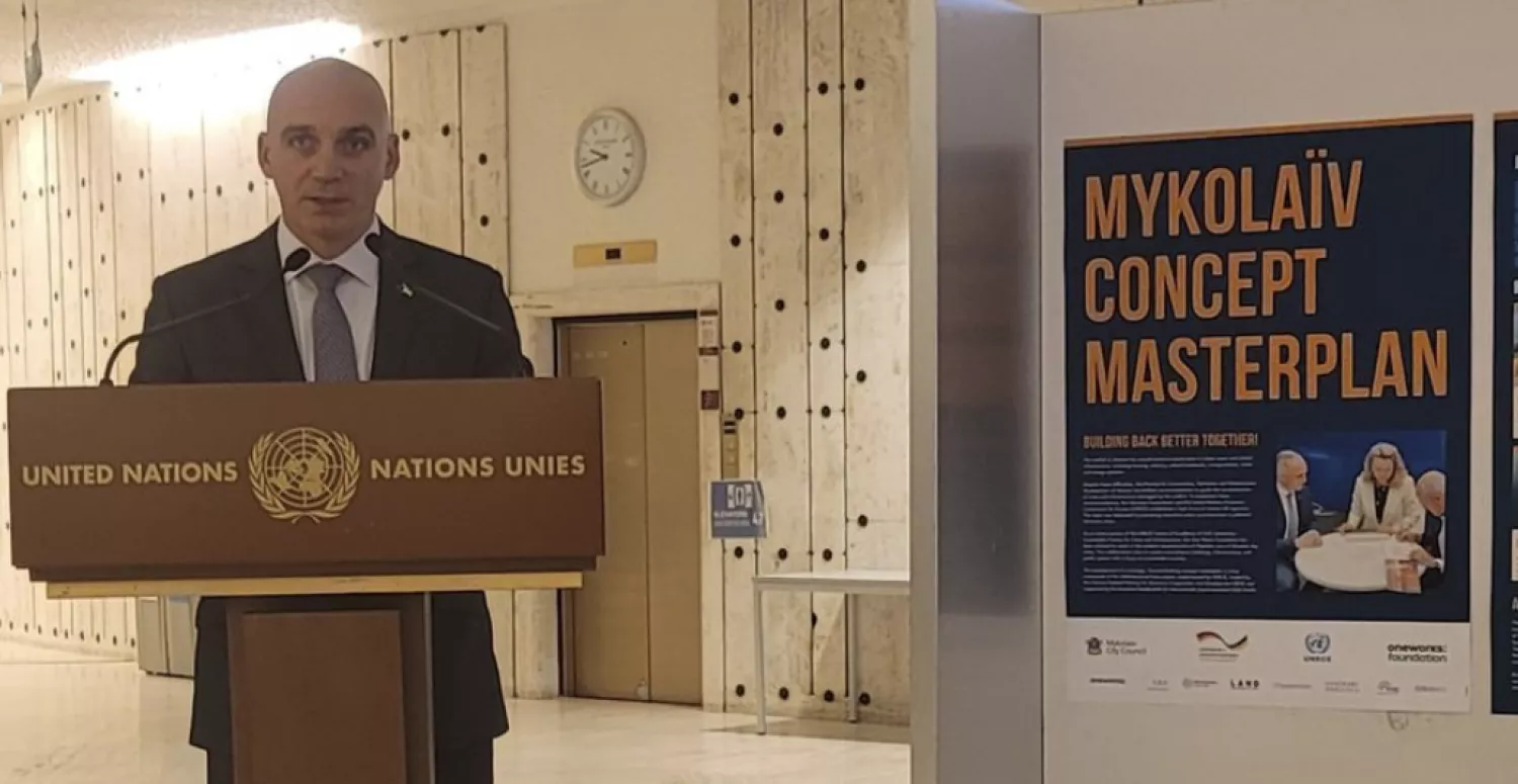 Oleksandr Szhnkevich at the forum of mayors in Geneva. Photo: UNECE