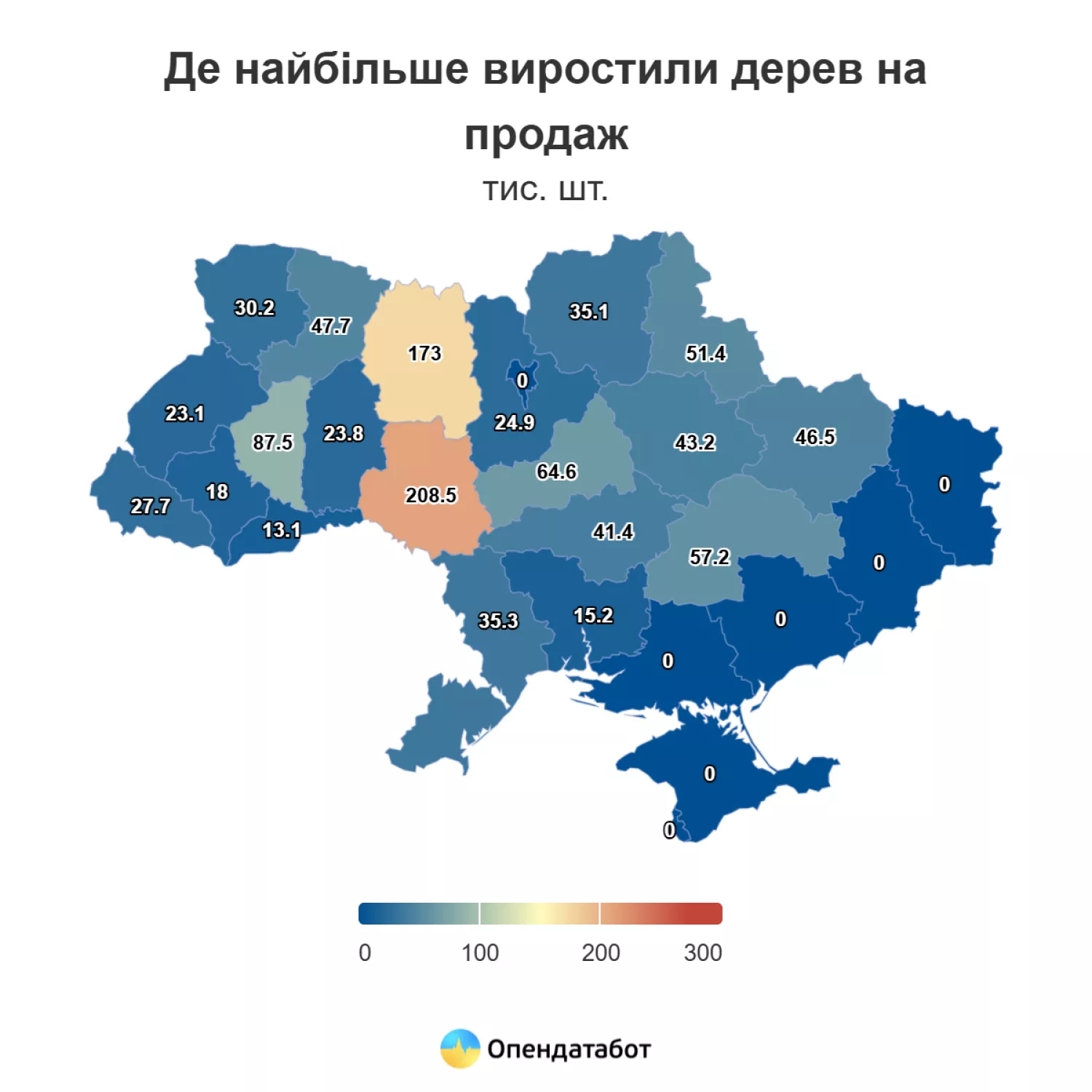 Показник вирощених ялинок по Україні. Інфографіка: Опендатабот