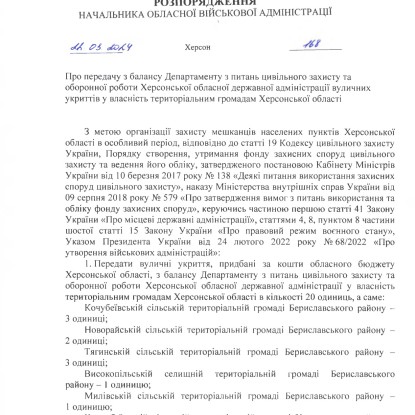 Розпорядження очільника Херсонської ОВА Олександр Прокудіна від 22 березня 2024 року про передачу вуличних укриттів громадам