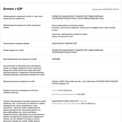 Справка из Единого государственного реестра о Николаевской ТЭЦ