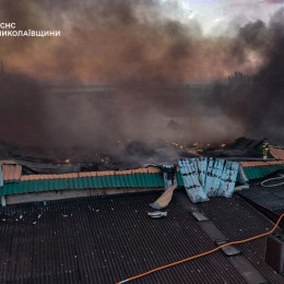 A fire at an enterprise in the Kutsurub community, caused by the fall of the wreckage of the «Shakheds». Photo: Main Department of the State Emergency Service of Ukraine in the Mykolaiv region