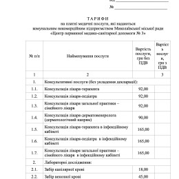 Перелік послуг у Центрі первинної медико-санітарної допомоги №3, за якими змінився тариф, скриншот з проєкту рішення виконавчого комітету