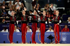 Mykolaiv gymnast Valeriya Peremeta (second from right) as part of the National Team of Ukraine at the Olympic Games, photo by Maksym Podopryhora, NOC of Ukraine