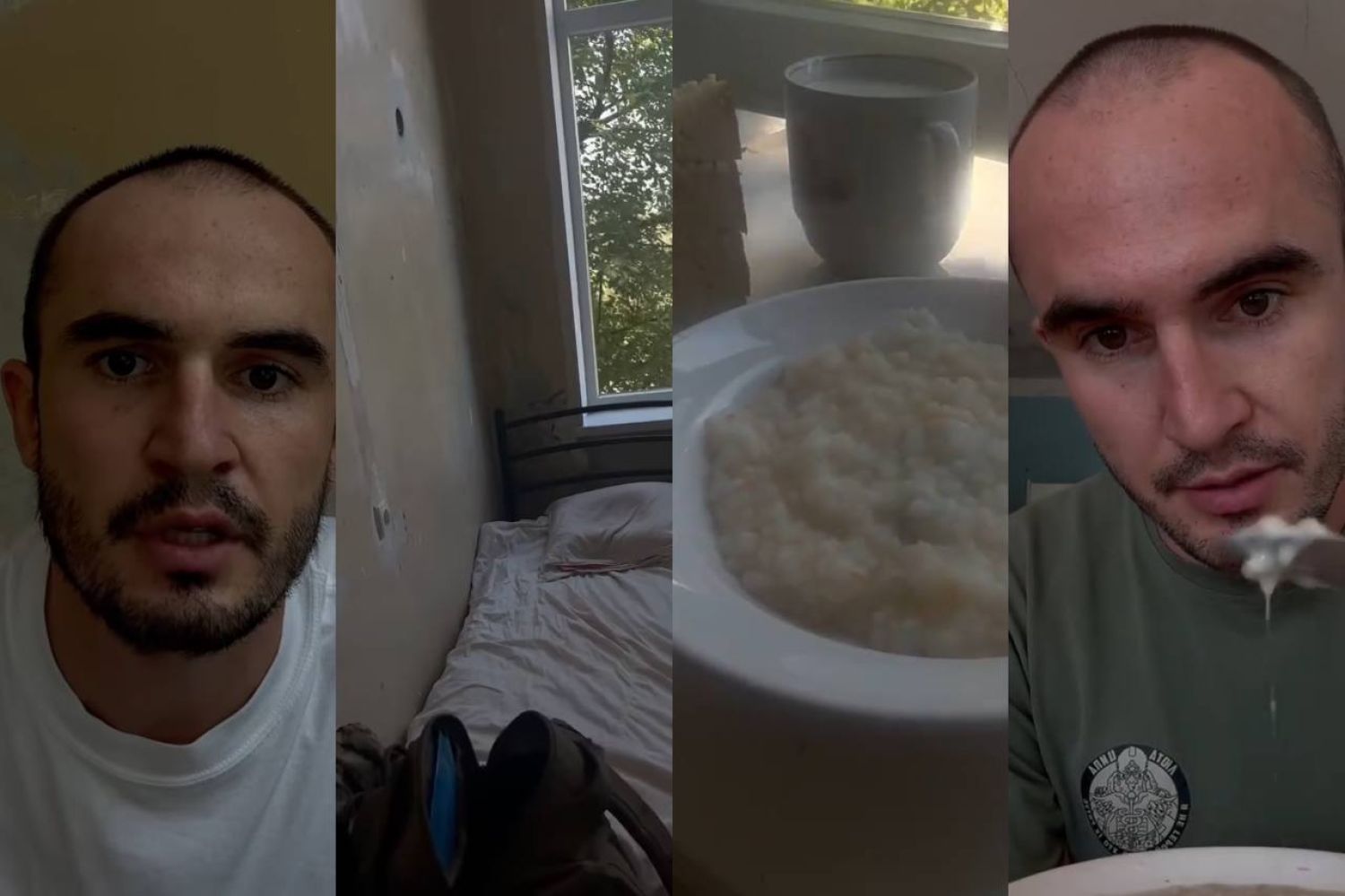 A military medic shows the food they are fed during treatment in a psychiatric hospital, a screenshot from a video by Petr Konoply