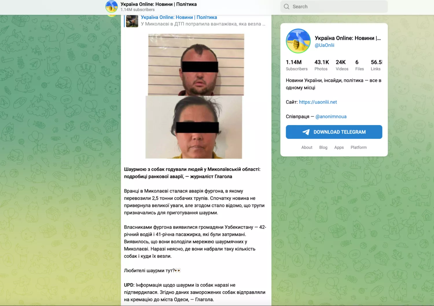 Screenshot of a post on the Telegram channel «Ukraine Online» about the alleged owners of shawarma stalls