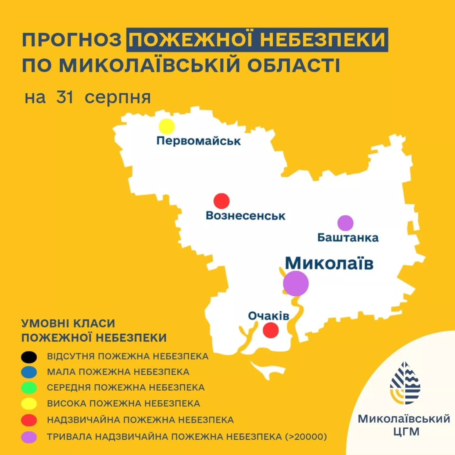 Уровень пожарной опасности Николаевской области 31 августа. Изображение: Гидрометцентр