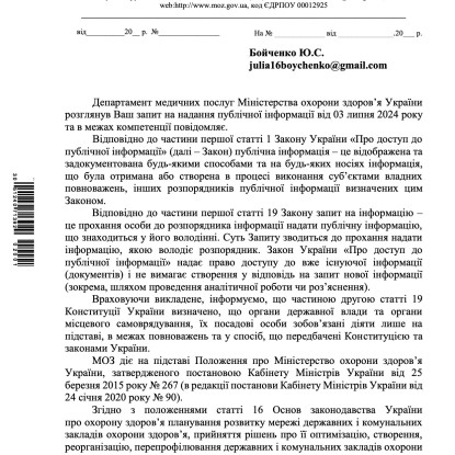 Відповідь Міністерства охорони здоров'я на інформаційний запит «НикВести»