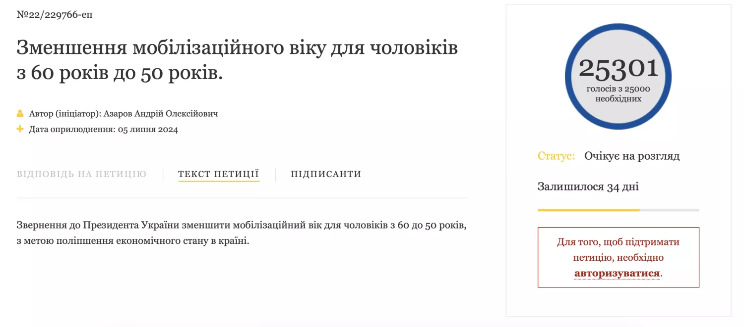 Петиція про зниження віку мобілізації. Скриншот з сайту офіційного представництва Президента України