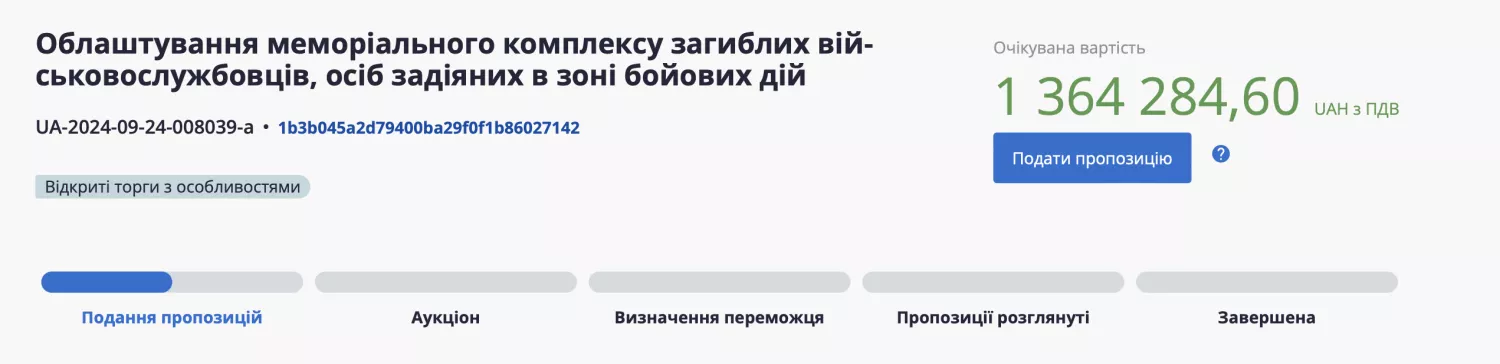 Тендер від 24 вересня. Скриншот з ProZorro