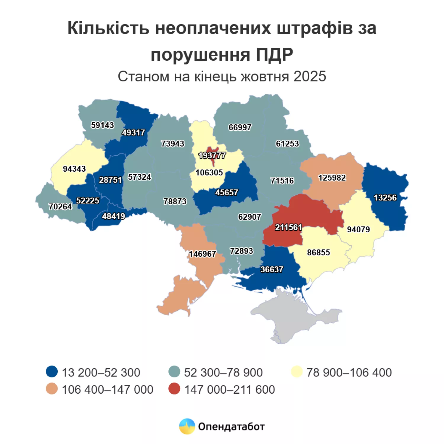 Кількість боргів зі сплати ПДР за регіонами станом на жовтень 2025 року. Фото: Опендатабот