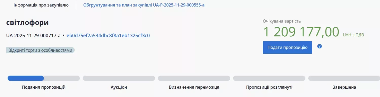 Скриншот з системи публічних закупівель ProZorro
