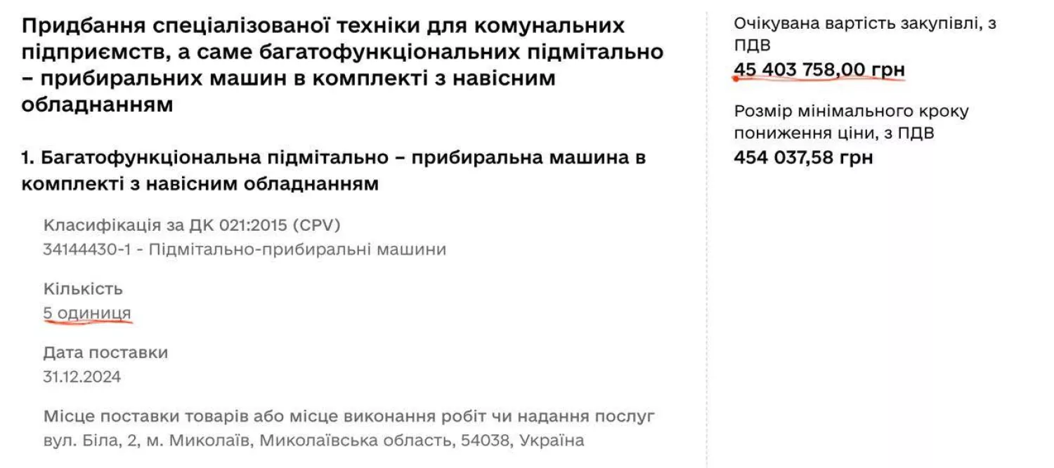 Ціни за аналогічну одиницю прибиральної машини в закупівлях інших регіонів. Фото: скриншот Андрій Єрмолаєв