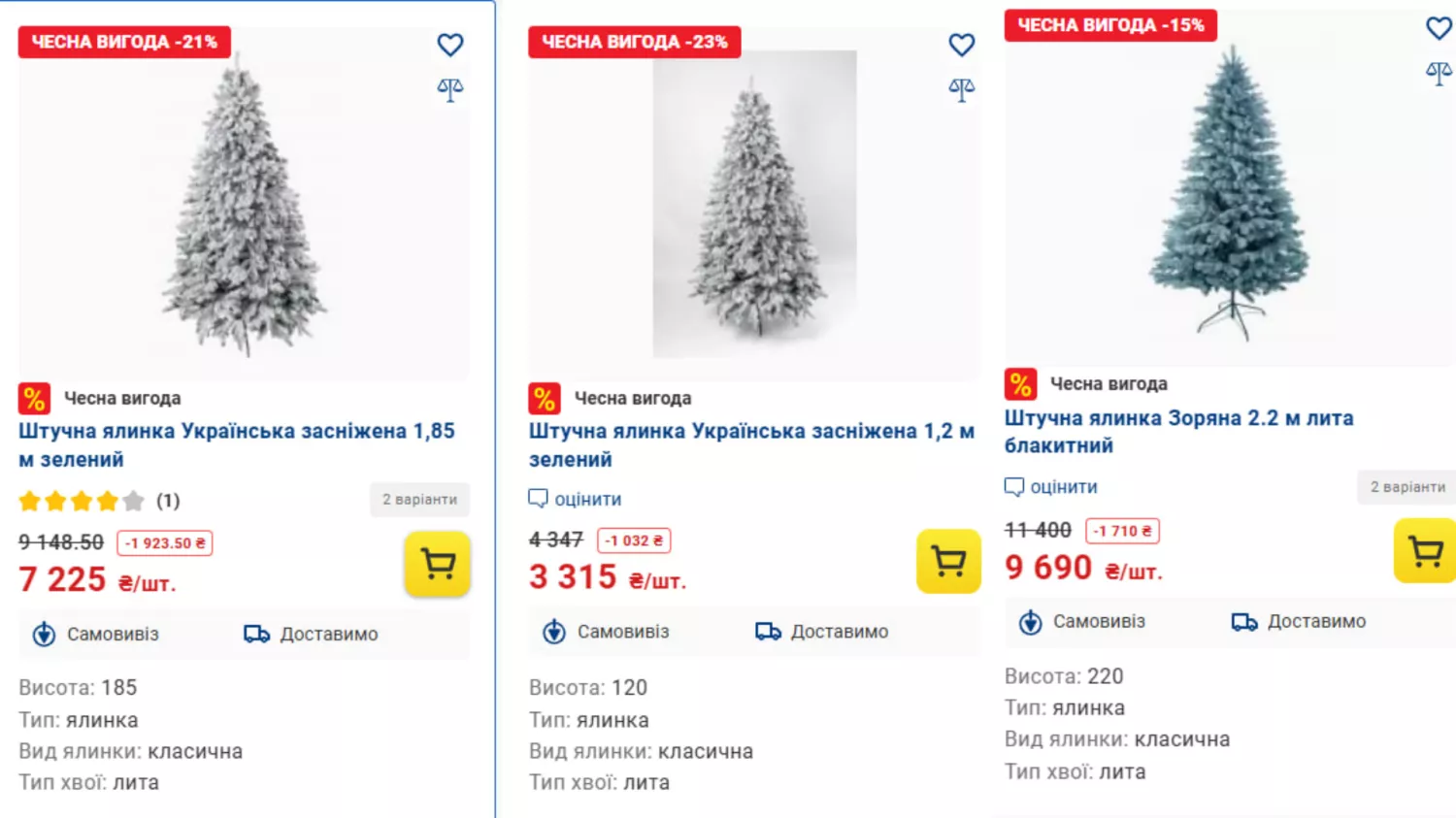 Ціни на штучні ялинки в онлайн магазинах. Фото: скриншоти зі сайтів
