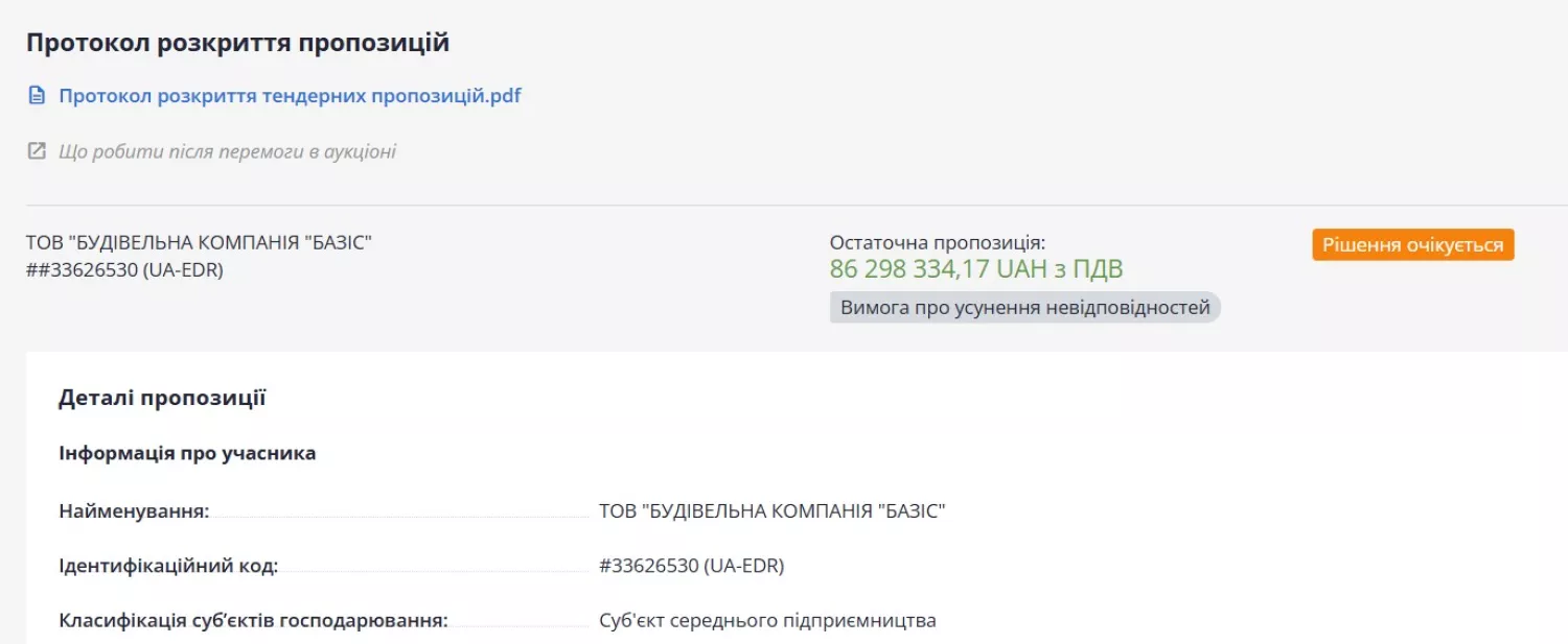 Новий тендер 2025 року на будівництво укриття у ліцеї. Скриншот даних з системи закупівель Prozorrro