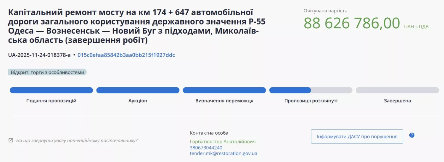 Скриншот тендеру з системи електронних закупівель Prozorro.
