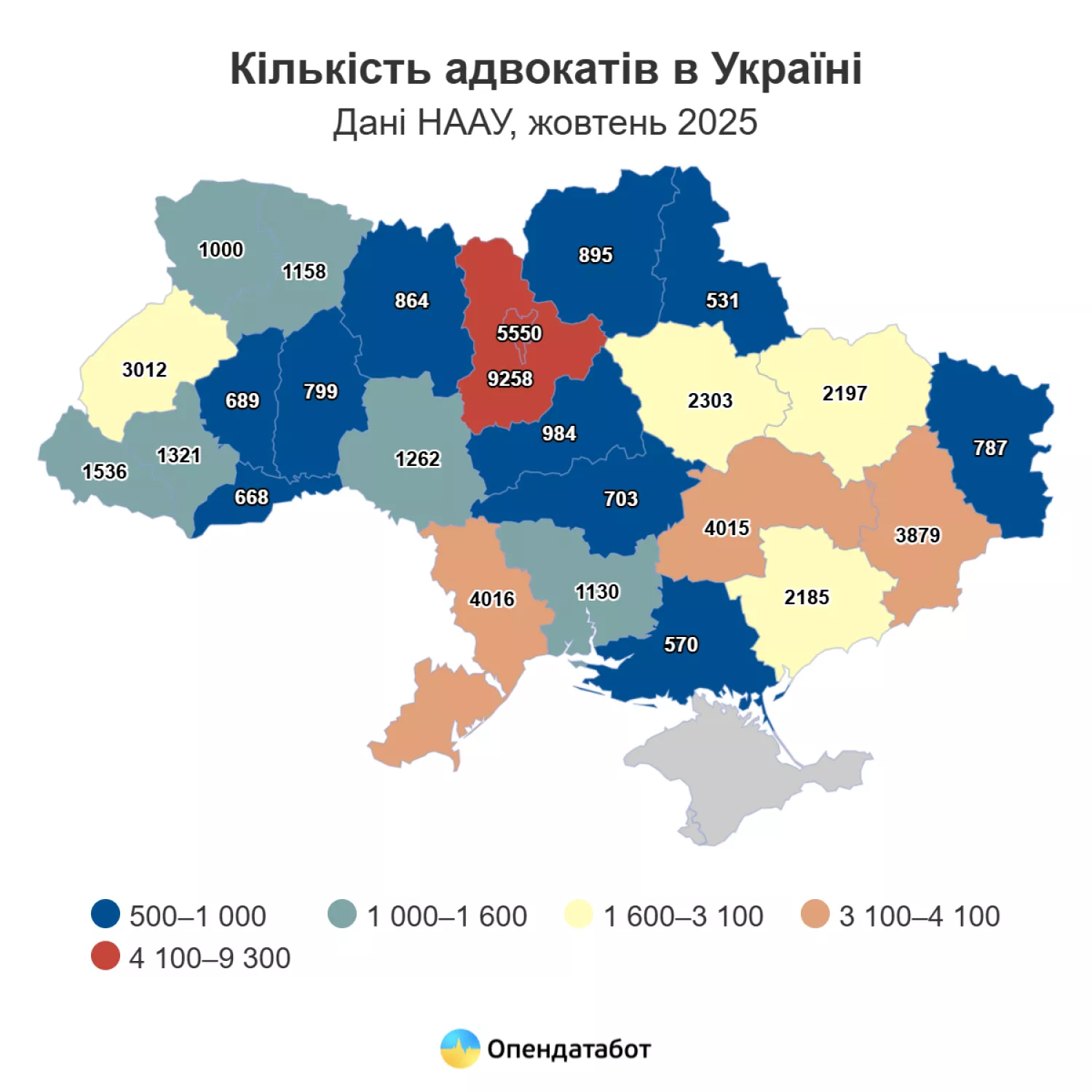 Кількість адвокатів в Україні. Інфографіка: Опендатабот