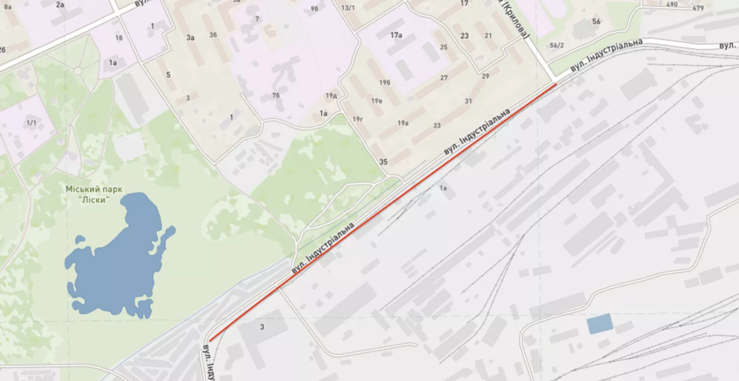 Відрізок дороги вздовж вулиці Індустріальної, від вулиці Євгена Логінова (колишня Крилова, — прим.) до Проєктної. Скриншот з maps.visicom