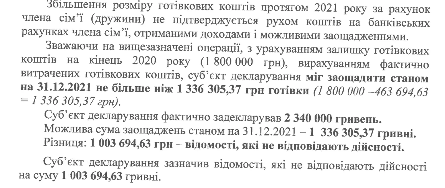 Невідповідності, що містяться у висновку НАЗК. Скриншот з документу