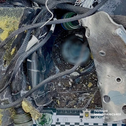 На Миколаївщині вибухотехніки знищили нездетоновану бойову частину російського дрона. Фото: поліція Миколаївщини