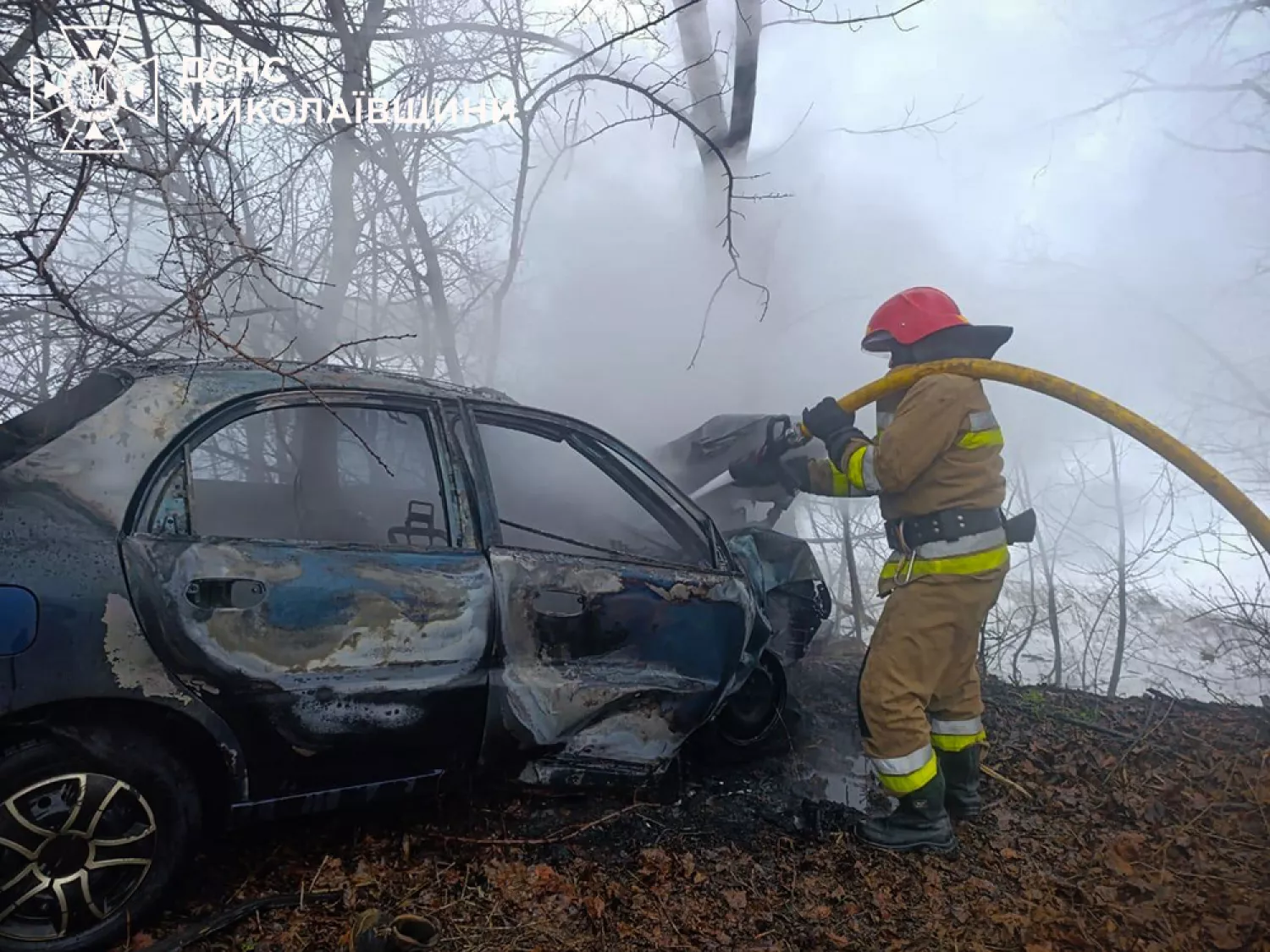 На Миколаївщині внаслідок аварії загорівся автомобіль, фото: ДСНС