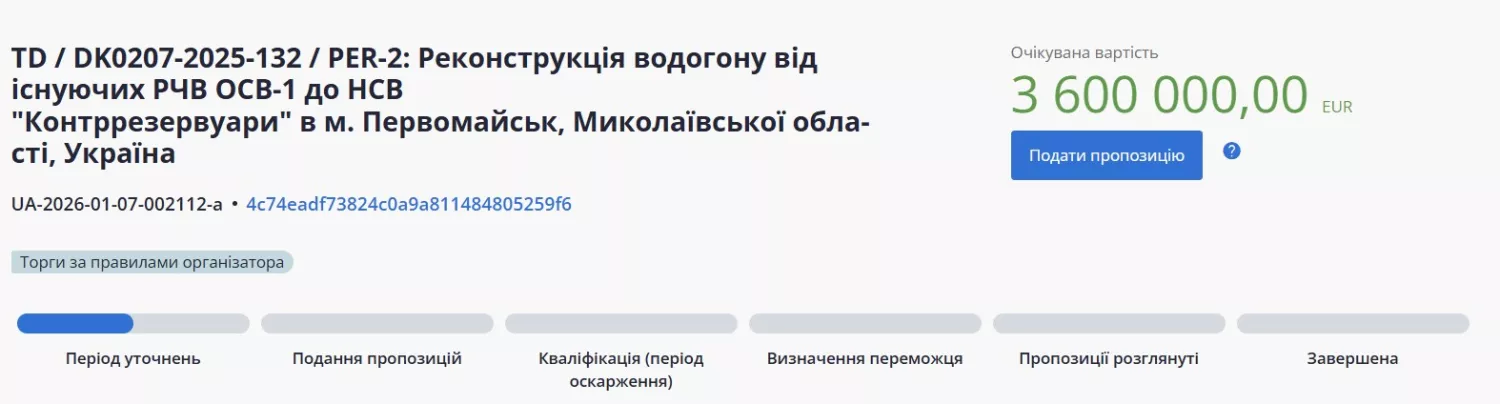 Скриншот тендеру з системи публічних закупівель ProZorro