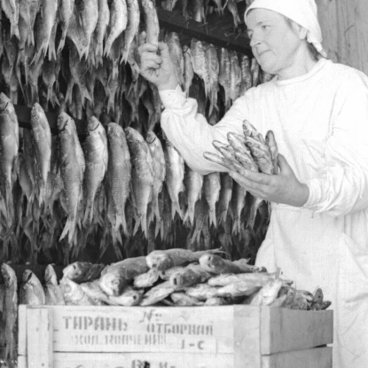 Працівниця Очаківського рибозаводу «Укрчорноморрибтресту» У. Фокіна під час роботи, 25 травня 1950 року. Фото із фондів Центрального державного аудіовізуального та електронного архіву (од. обл. 0-042217).