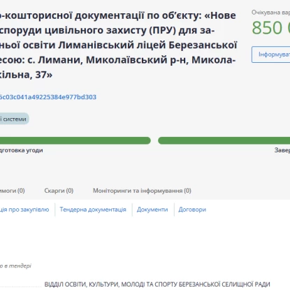 Тендер на розробку проєктно-кошторисної документації для будівництва укриття. Скриншот з Prozorro