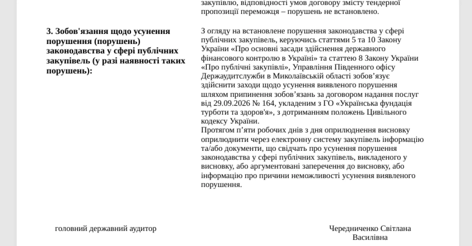 Заключна частина висновку аудиторів. Скриншот з Prozorro