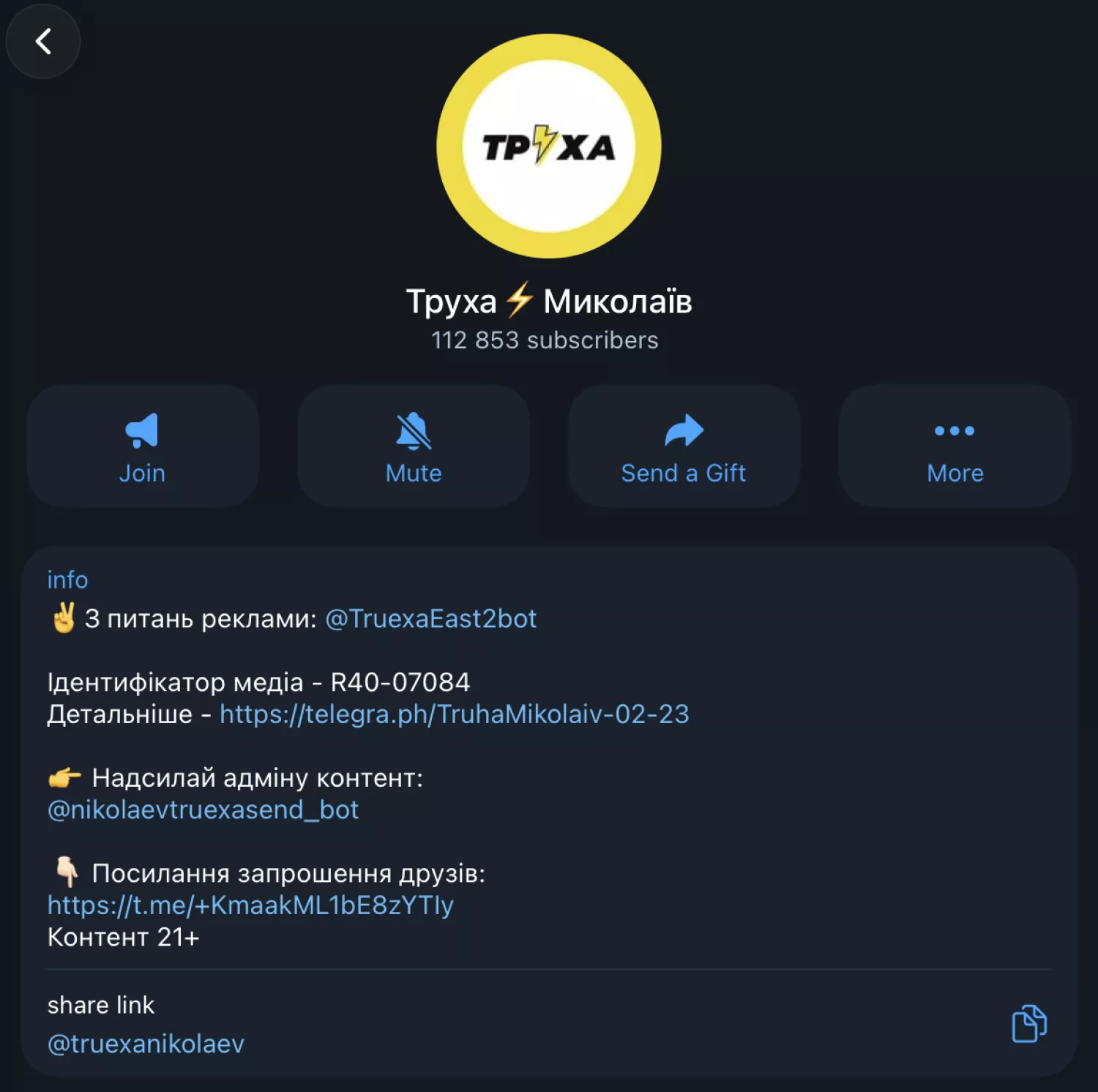 &ldquo;Труха Миколаїв&rdquo; надає детальну інформацію про контакти, але не розповідає, хто відповідає за контент, скриншот з &laquo;Труха Миколаїв&raquo;