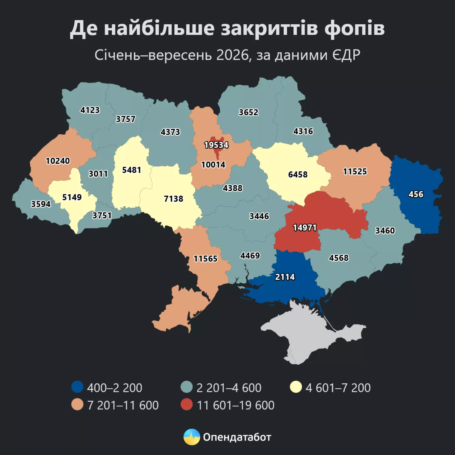 Де найбільше закриттів фопів. Інфографіка: Опендатабот