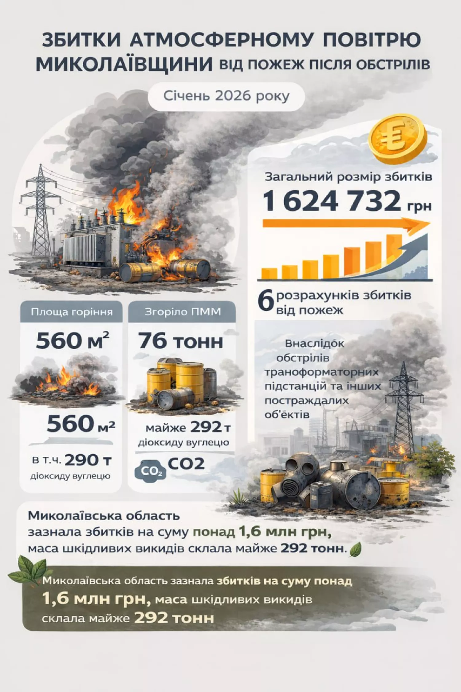 У січні екологи нарахували ₴1,6 млн збитків через пожежі після обстрілів Миколаївщини. Інфографіка: Держекоінспекція