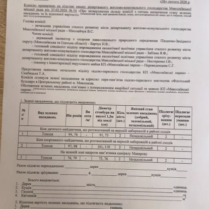 Акт обстеження дерев на Флотському бульварі, які планують знести. Фото: КП «Миколаївські парки»