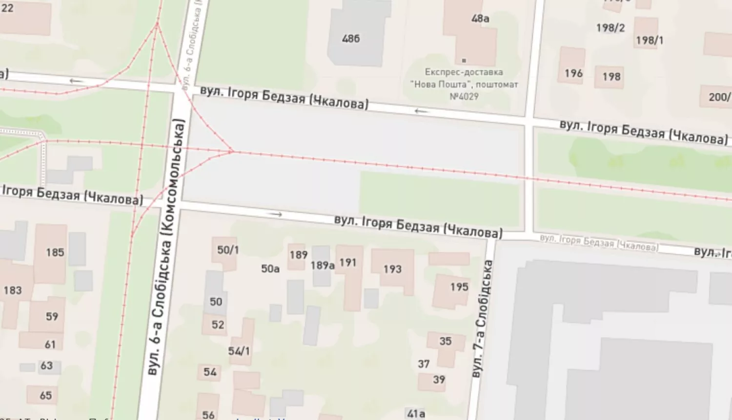 Ділянка дорого від вулиці 7 Слобідської до вулиці 6 Слобідської. Скриншот з Google Maps