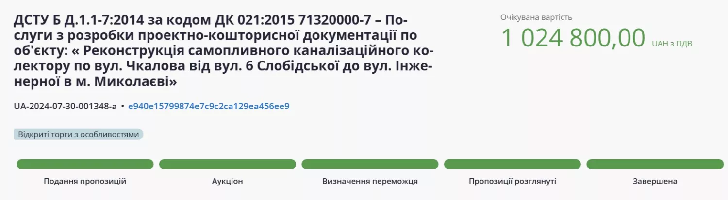 Послуги з розробки проектно-кошторисної документації. Скриншот з системи публічних закупівель ProZorro