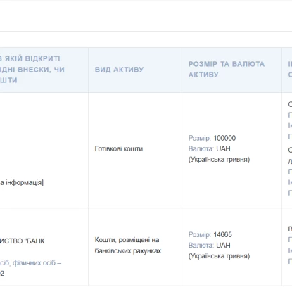 Грошові активи депутата Федора Панченка. Скриншот з Єдиного реєстру декларацій