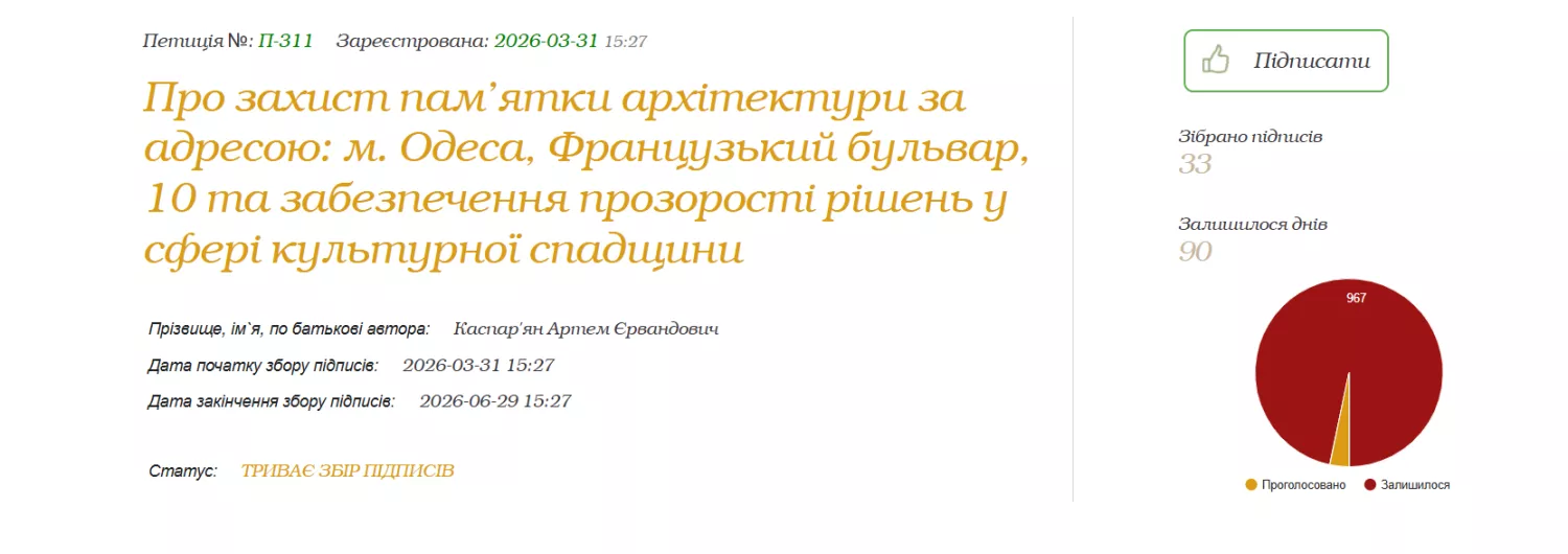 В Одесі зареєстрували петицію із вимогою захистити пам’ятку архітектури. Скриншот сайту Одеська міська рада