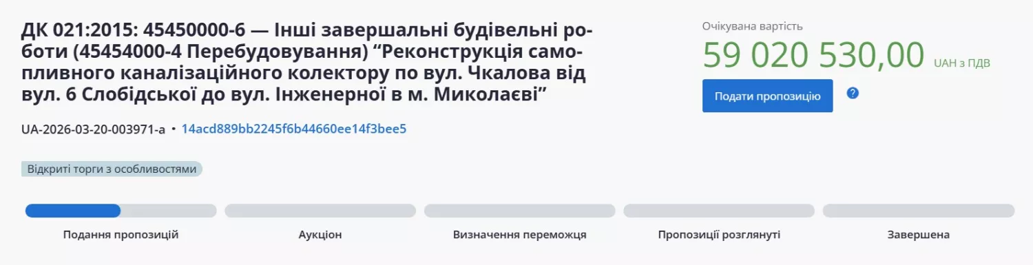Скриншот з системи публічних закупівель ProZorro
