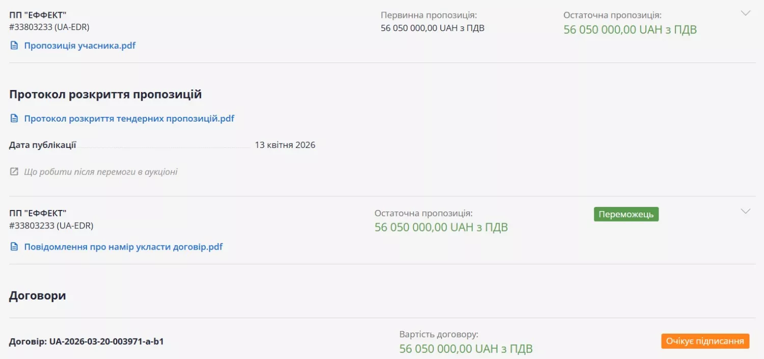 Скриншот з системи публічних закупівель ProZorro