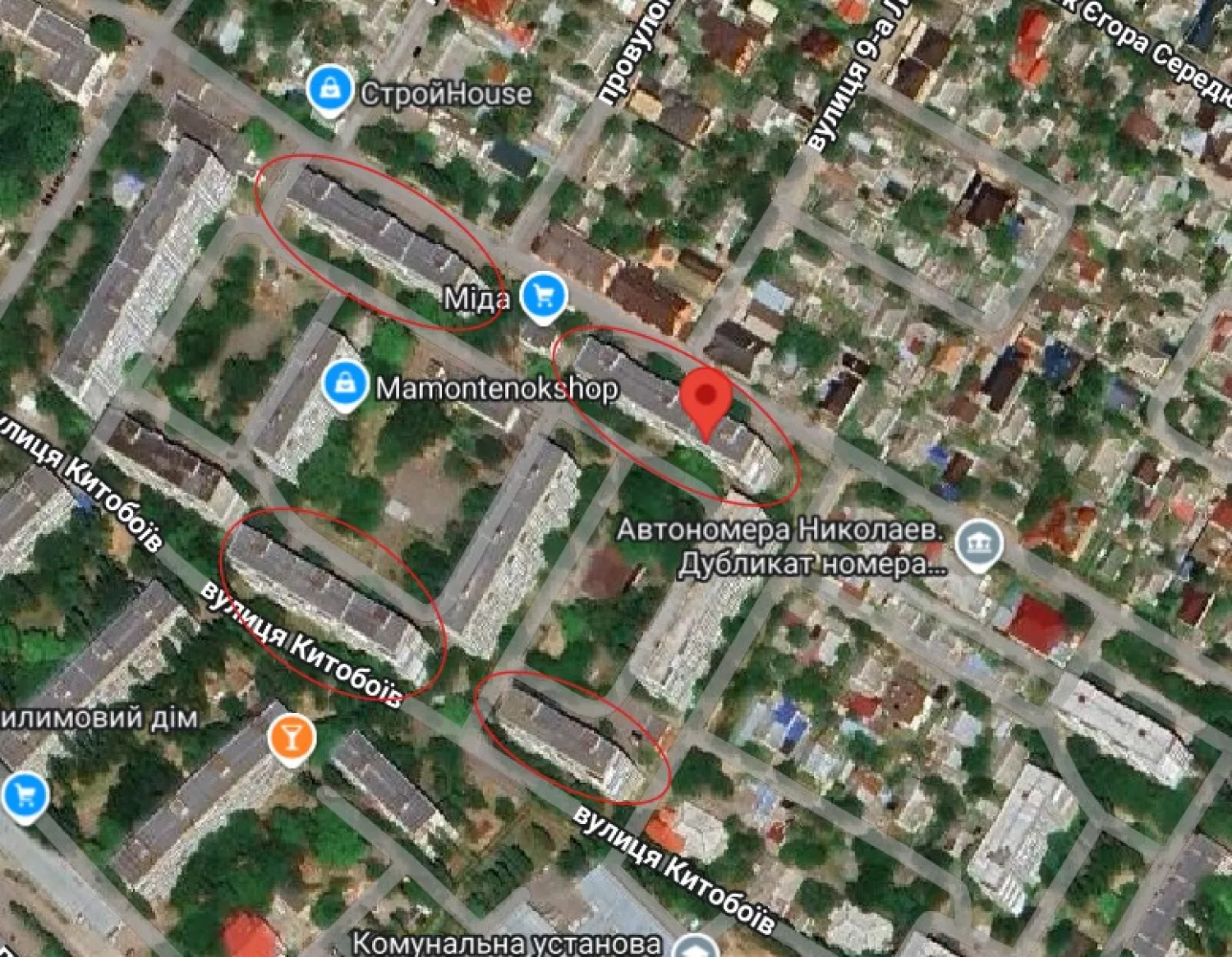 Розміщення будинків ОСББ за адресами: 12 Поздовжня, 1 та 5, а також Китобоїв, 4 і 6. Скриншот Google карти