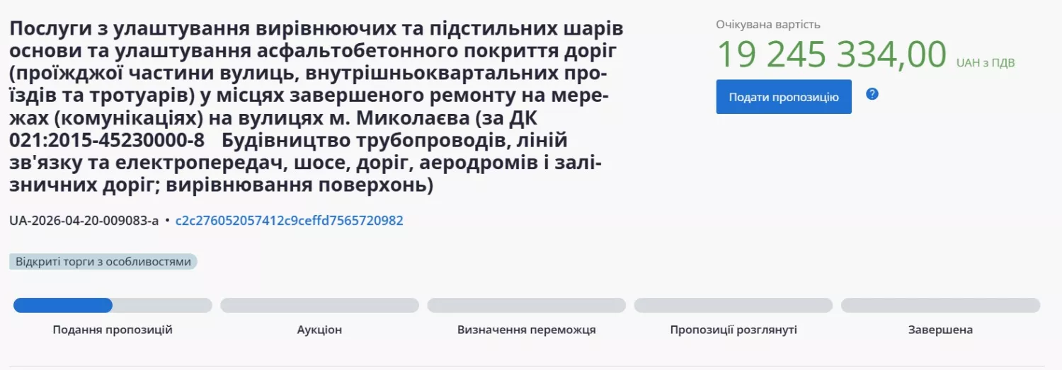 Скриншот тендеру з системи публічних закупівель ProZorro