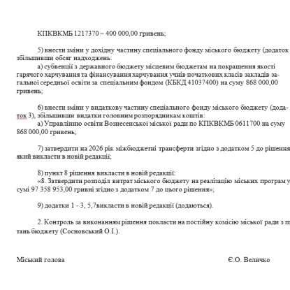 Зміни до бюджету Вознесенська. Скриншот проєкту рішення