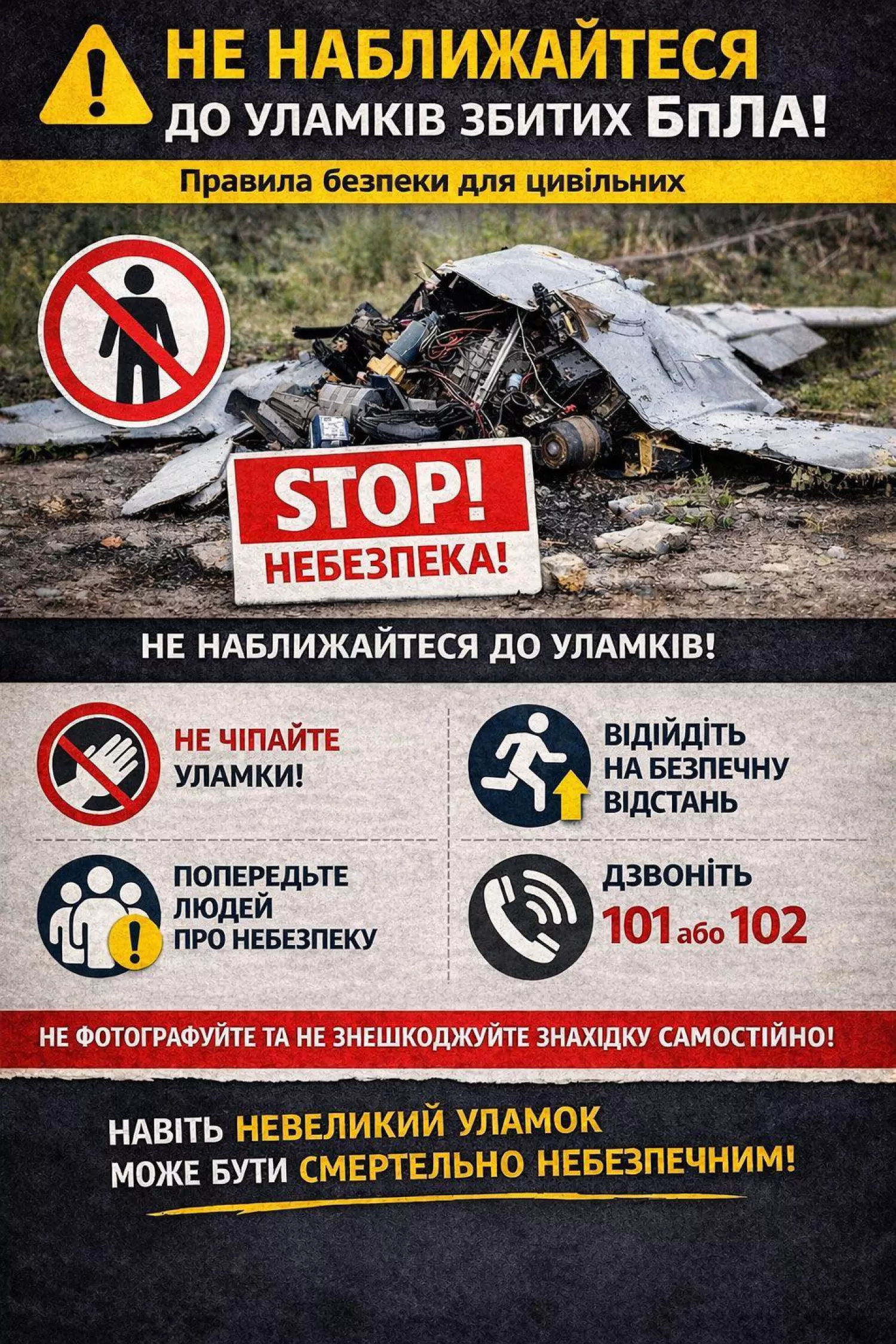 Не наближайтеся до уламків збитих БпЛА: правила безпеки для цивільних. Інфографіка: Миколаївська ОВА