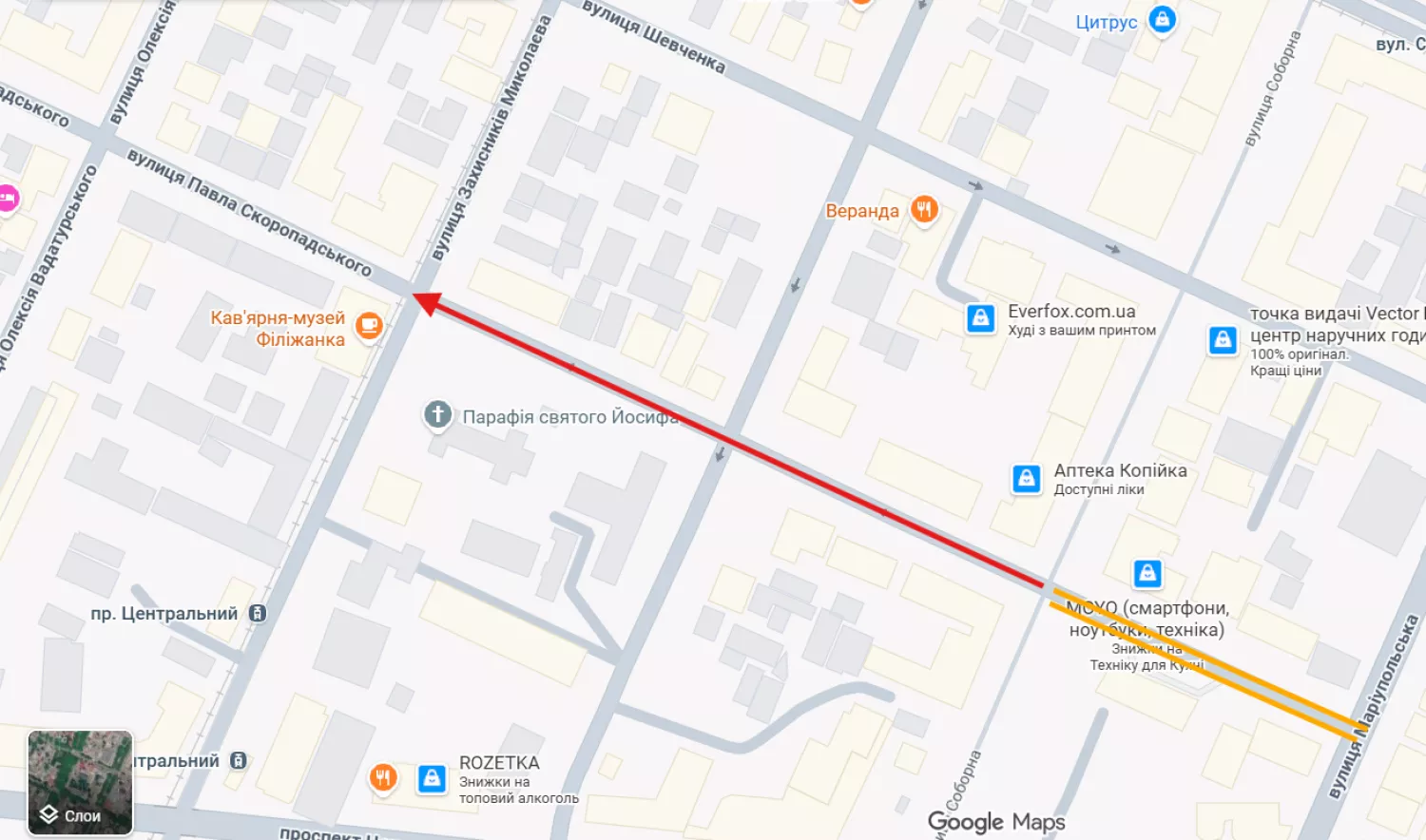 Зміни у русі по вул. Скоропадського. Скриншот Google Maps